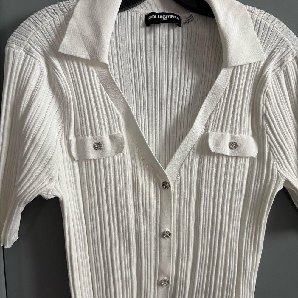 Karl Lagerfeld Cream Ribbed Button Down Shirt